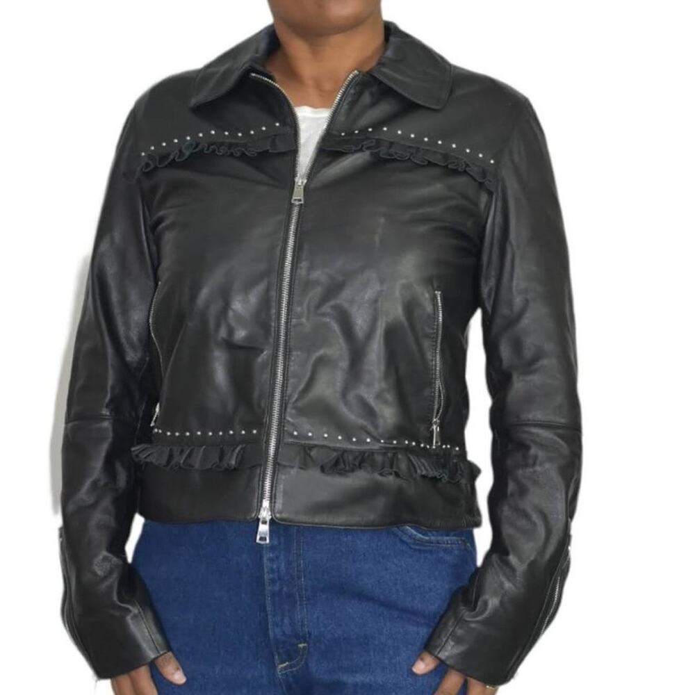 Max Mara Marella Dacia Leather Jacket Black Ruffle Studded Biker Boxy Moto Siz 8